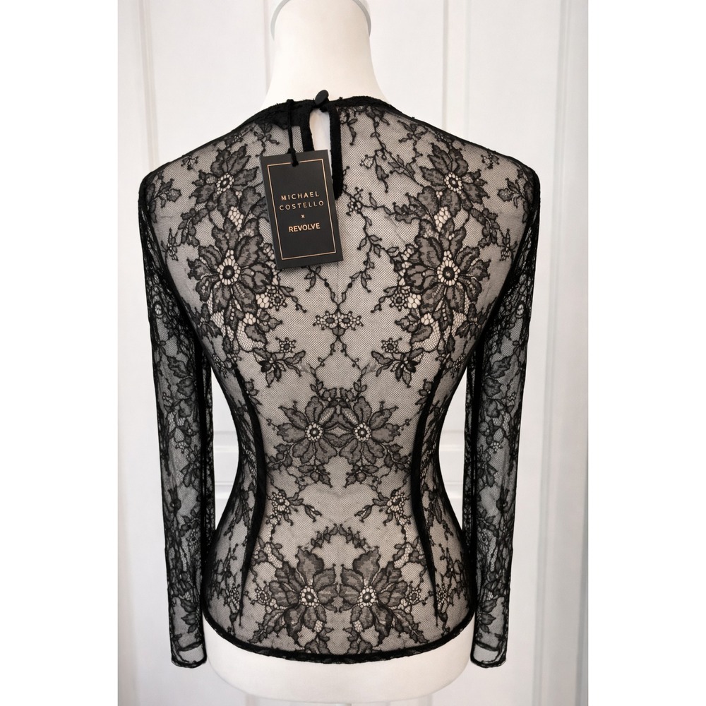 Michael Costello x Revolve Black Sheer Lace Power Shoulder Top XS/S NWT - Picture 3 of 5